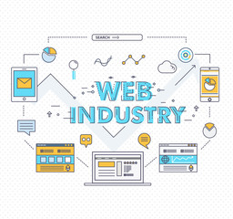Modern industry thin block line flat icons and composition with computers element, trade mobile graphics, informations and development web strategy concept