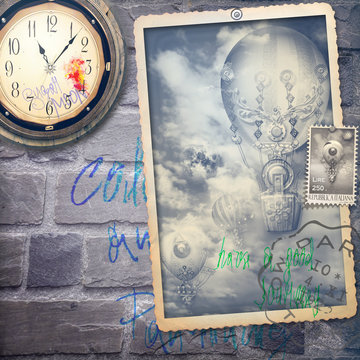 Wall background and postcards,stamps with hot air balloon's