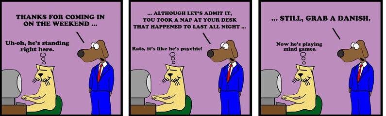 Business cartoon strip about a boss playing mind games.