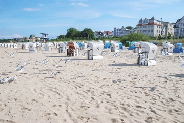 Bansiner Strand mit Strandkörbe und Möwen Promenade im Hintergrund