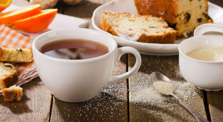 Cup of tea with sweet cake.