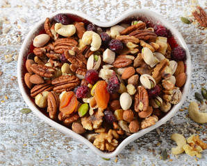 Nuts on heart plate. Healthy diet eating.