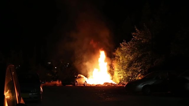 A strong fire near the parking lot