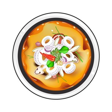 Tom Yum or Thai Spicy and Sour Soup with Squid