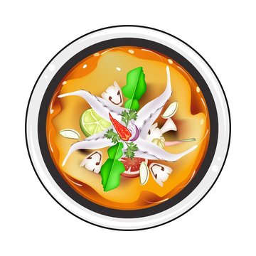 Tom Yum or Thai Spicy Sour Soup with Squids
