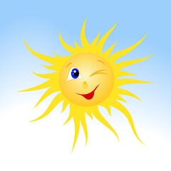 drawn smiling sun on blue sky background