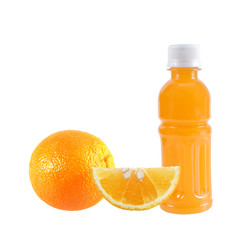Orange fruit with Orange juice in a bottle isolated on white