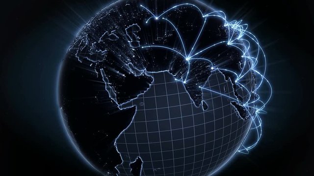 Growing network connection around the world. Global network, internet concept. Blue version. 4K