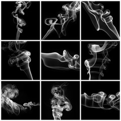 Abstract smoke swirls collection on black background. Set of nine smoky backgrounds.