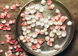 Pink and white rose petals in silver bowl with water on wooden background