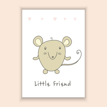 Hand Drawn lovely with mouse - cute postcard made in vector. Printable template.