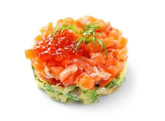 Delicious salmon tartare with red caviar on white plate