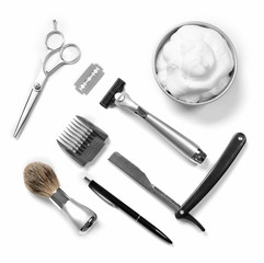 Shaving set with equipment, tools and foam, isolated on white