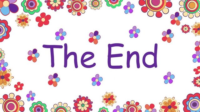 Moving flowers and writing words, the end. The final scene of the wedding movie. The end of the video clip. Romantic cartoon animation