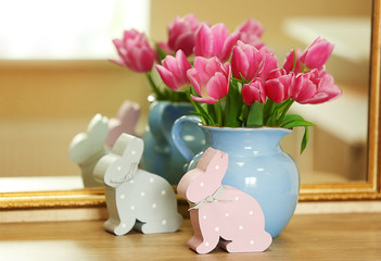Bouquet of pink tulips in a vase, close up