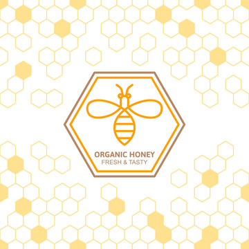 Outline bee vector symbol and seamless background with honeycombs. Organic honey linear logo, label, tags design elements. Concept for honey package, banner, wrapping. Abstract food background. 