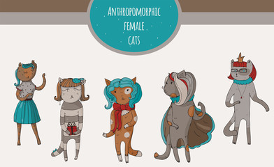 Set of beautiful cat female characters, hand-drawn, fun, kind.