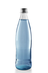 Glass bottled water on the grey background, close up