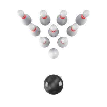 Bowling Ball crashing into the pins on white background