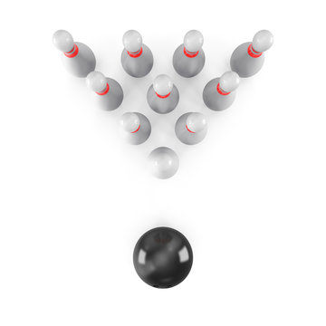 Bowling Ball crashing into the pins on white background