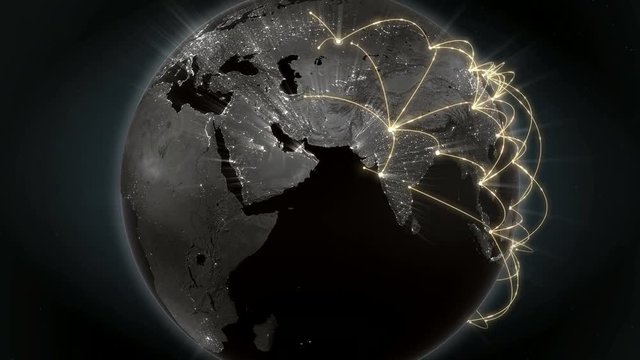 Growing network connection around the world. Global network, internet concept. Orange version. Loopable. 4K