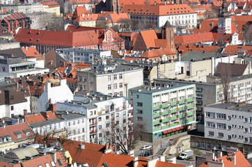 Old polish city Wroclaw. Top view Wroclaw. Panorama view Wroclaw. Red roofs and catherdals. Old...
