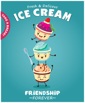 Vintage Ice Cream poster design with ice cream character