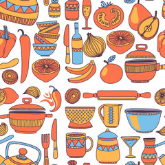 Doodle style kitchenware seamless pattern