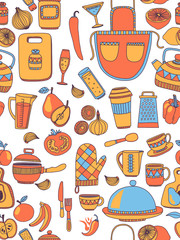Doodle style kitchenware seamless pattern