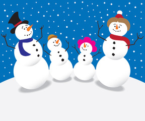 Cartoon family of snow people staring into the winter night sky