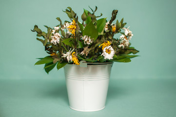 a wilted bouquet of daisies in a bucket