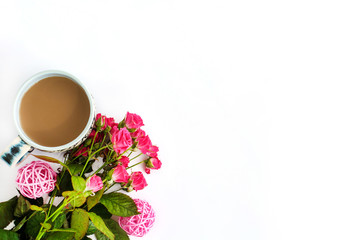 stylish roses and  coffee on white background, flat lay, space f