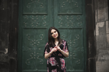 Fototapeta premium Beautiful brunette young woman posing on the street in old city