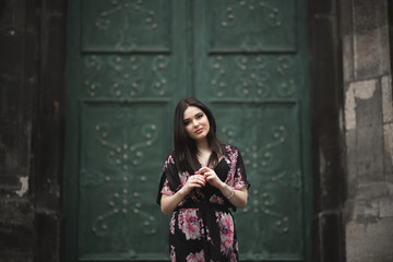 Beautiful brunette young woman posing on the street in old city