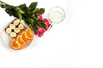 sweet fruits and toast with chocolate and fresh drink  with pink