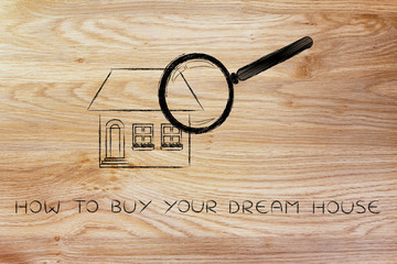 magnifying glass analyzing a home, how to buy your dream house