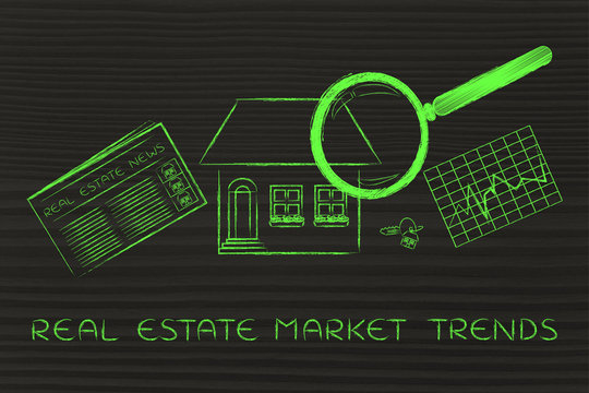 house, news & stats with magnifying glass; real estate market ne