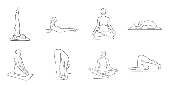 Acht Yoga Figuren