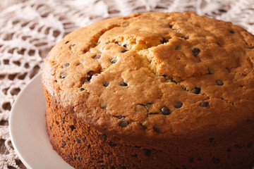Homemade sponge cake with chocolate chips close-up. horizontal
