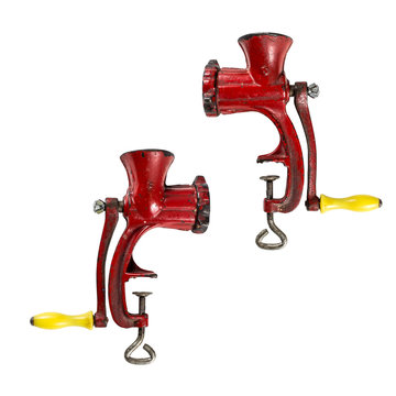 Old manual meat grinder unassembled isolated on white background