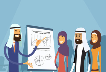 Arab Business People Group Presentation Flip Chart Finance, Arabic Businesspeople Team Training Conference Muslim Meeting