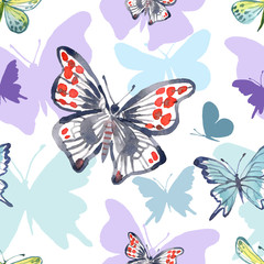 Fototapeta na wymiar Watercolor seamless pattern with butterflies. Vector background with butterflies on a white background.