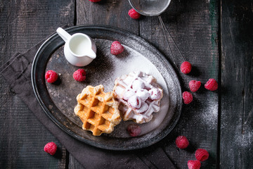Belgian waffles with raspberries