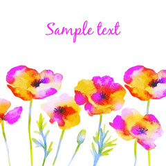 Watercolor card with poppy flowers, can be used as an invitation to the wedding, birthday or floral summer background.