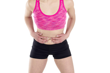 Stomachache pain, touching with bought hand, isolated.