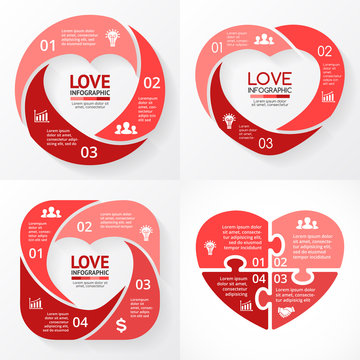 Vector heart circle infographic. Template for love cycle diagram, graph, presentation, round chart. Business concept with 3, 4 options, parts, steps, processes. Happy Valentines Day.