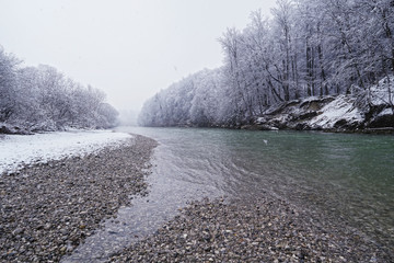 Isar river in wintertime with snow
