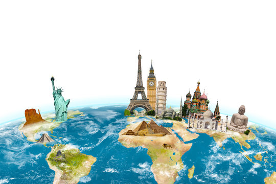 Famous monuments of the world surrounding planet Earth on white