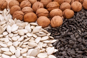 Walnuts, sunflower and pumpkin seeds on a plate.