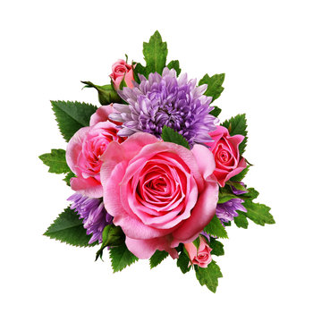 Aster And Rose Flowers Bouquet